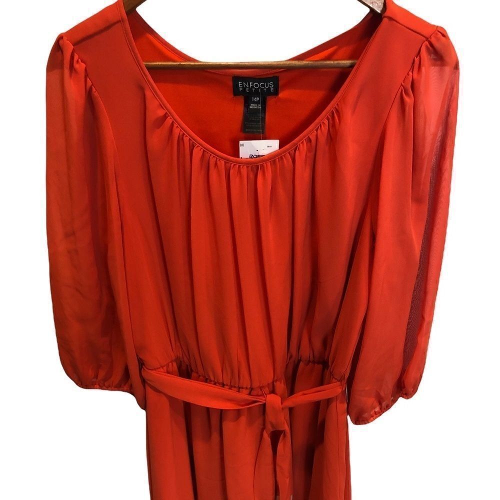 Enfocus Petite Orange Three Quarters Sleeve Boat Neck Dress
